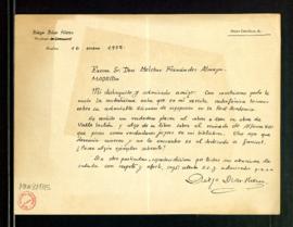 Carta de Diego Díaz Hierro a Melchor Fernández Almagro con la que le envía la nota que leyó en su...