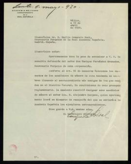 Carta de Enrique M. [Martínez] Sobral, secretario de la Academia Mexicana, a Emilio Cotarelo y Mo...