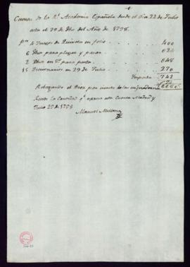 Cuenta de Miguel Millana de lo que se ha encuadernado para la Academia del 22 al 29 de julio de 1798