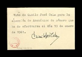 Sobre cerrado con el voto de Camilo José Cela para la elección de académico de número del día 19 ...