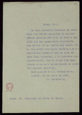 Copia sin firma del oficio de  Julio Casares, secretario, a Hernán Figueroa, embajador de Chile, ...