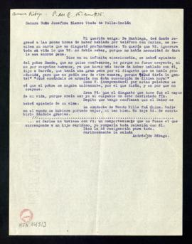Copia de la carta de Andrés D. de Rábago a Josefina Blanco en la que le dice que su marido se con...