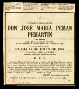 Esquela de José María Pemán Pemartín