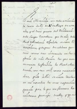 Carta del conde de Santisteban a Vincencio Squarzafigo en la que le agradece el envío del tomo cu...