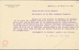 Carta de Joaquín Álvarez Quintero al secretario en la que agradece y acepta su nombramiento como ...