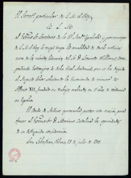 Copia del oficio del conde de Andino al secretario, Mariano Catalina, en el que le pide informes ...