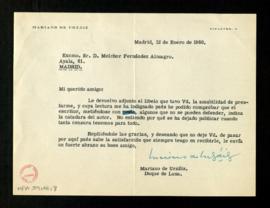 Carta de Mariano de Urzáiz a Melchor Fernández Almagro con la que le devuelve el libelo que le ha...