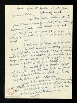 Carta de Juan Antonio de Zunzunegui a Melchor Fernández Almagro con la que le envía su novela pub...