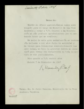 Carta de Ramón Menéndez Pidal a Julio Casares, secretario, en la que le pide que exprese a la Cor...