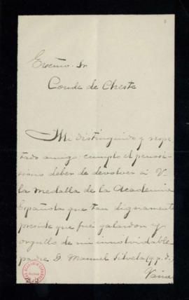 Carta de Luis Silvela al conde de Cheste con la que remite la medalla de académico de su padre, M...