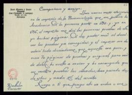 Carta de Juan Moneva a Julio Casares en la que le comunica que está esperando las pruebas de su P...