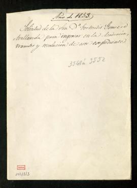 Carpetilla con el rótulo Año de 1853. Solicitud de la Sra. D.ª Gertrudis Gómez de Avellaneda para...