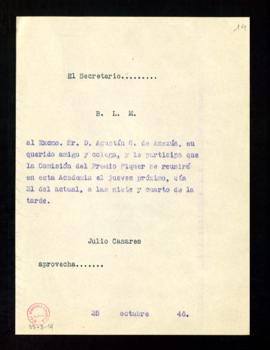 Copia del besalamano del secretario a Agustín G. de Amezúa para informarle que la Comisión del Pr...