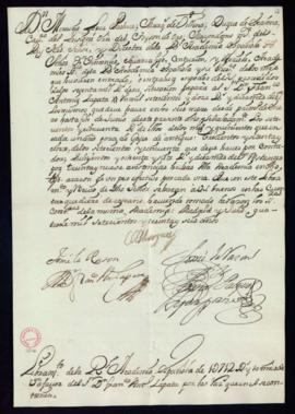 Orden del marqués de Villena del libramiento a favor de Francisco Antonio Zapata de 1712 reales y...