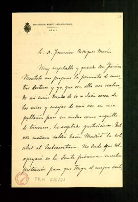 Carta de Antonio Alcalá Venceslada a Francisco RodrÍguez Marín en la que le informa que ha acepta...
