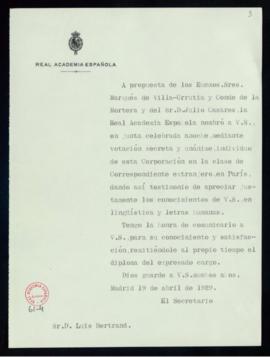 Copia sin firma del oficio del secretario a Luis Bertrand de traslado de su nombramiento como aca...