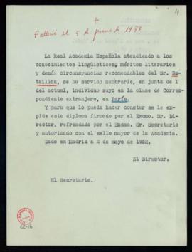 Minuta del diploma de Marcel Bataillon de académico correspondiente extranjero en París