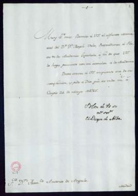 Carta del duque de Alba a Fran[cis]co Antonio de Angulo con la que adjunta un memorial de José Ve...