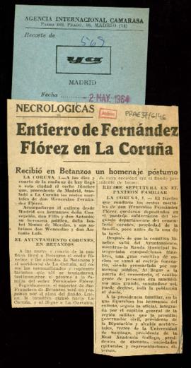 Recorte de prensa del diario Ya con la crónica del entierro de Wenceslao Fernández Flórez en La C...