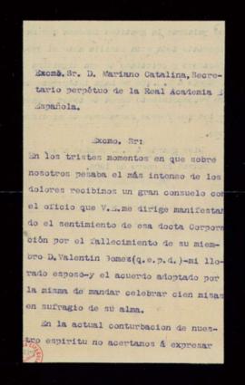 Carta de Pilar Cano al secretario, Mariano Catalina, por la que agradece a la Academia el pésame ...