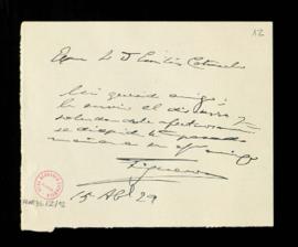 Nota manuscrita del marqués de Figueroa que acompaña el envío de su discurso a Emilio Cotarelo