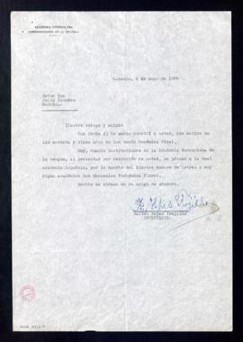 Carta de Rafael Yepes Trujillo a Julio Casares para trasladar a la Academia el pésame de la Acade...