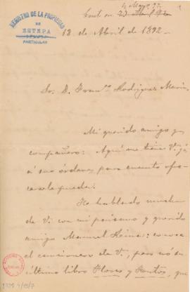 Carta de Antonio Aguilar y Cano a Francisco Rodríguez Marín en la que le solicita un ejemplar de ...