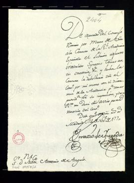 Oficio de Ignacio de Higareda a Fran[cis]co Antonio de Angulo de traslado de la orden del Consejo...