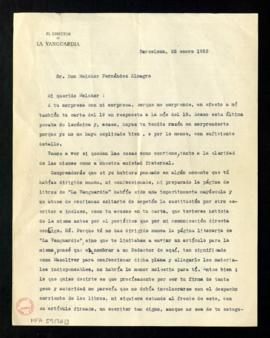 Carta de Luis [de Galinsoga], director de La Vanguardia, a Melchor Fernández Almagro en la que ex...
