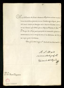 Carta del conde del Águila a Juan Trigueros en la que agradece que la Real Academia Española le h...