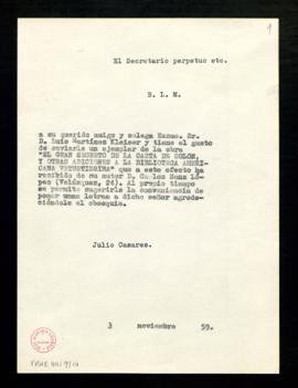 Copia del besalamano de Julio Casares a Luis Martínez Kleiser con el que le envía un ejemplar de ...