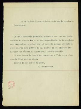 Copia sin firma del oficio del secretario [Emilio Cotarelo] a Juan E. Arcia, secretario de la Aca...