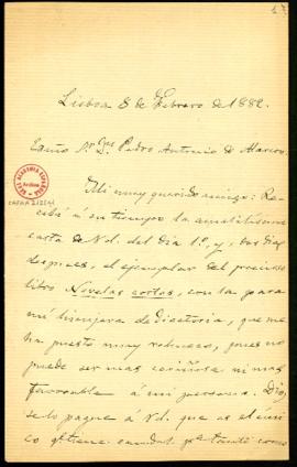 Carta de Juan Valera a Pedro Antonio de Alarcón en la que agradece el envío del ejemplar de Novel...