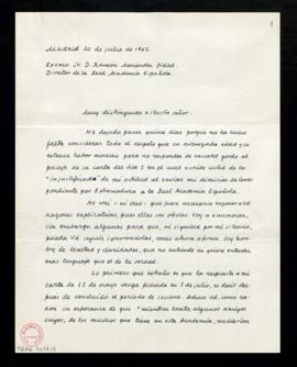 Carta de Antonio Rodríguez-Moñino a Ramón Menéndez Pidal en la que expone sus razones para dimiti...