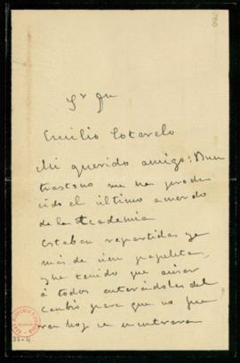 Carta de Miguel Echegaray al secretario, Emilio Cotarelo, en la que le ruega que le comunique si ...