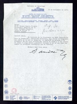 Carta de Salvador de Madariaga al secretario, Alonso Zamora Vicente, para que traslade a los acad...