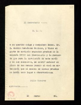 Copia del besalamano de Julio Casares a Emilio Fernández Galiano que acompaña el envío de las seg...