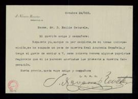 Carta de J[uan] Navarro Reverter al secretario [Emilio Cotarelo] con la que envía algunas papelet...