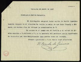 Carta del conde de Gimeno a Emilio Cotarelo en la que le pide disculpas por no haberle contestado...