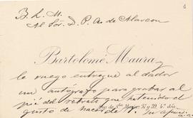 Tarjeta de visita de Bartolomé Maura en la que agradece a Pedro Antonio de Alarcón el envío del a...