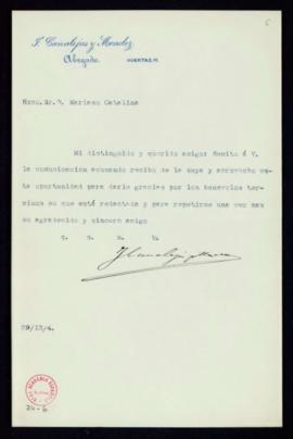 Carta de J[osé] Canalejas y Méndez al secretario, Mariano Catalina, de acuse de recibo y agradeci...