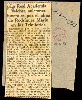 Recorte de prensa del diario Ya con la noticia La Real Academia celebra solemnes funerales por el...