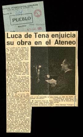 Recorte del diario Pueblo con el artículo Luca de Tena enjuicia su obra en el Ateneo