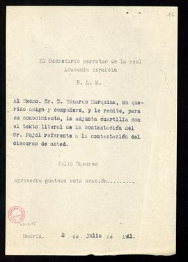 Copia del besalamano de Julio Casares a Eduado Marquina con el que le remite una copia de la cont...