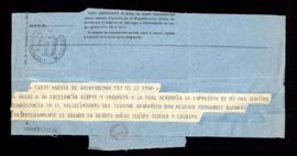 Telegrama de Felipe Ferrer Calbetó a Ramón Menéndez Pidal con su pésame por el fallecimiento de M...