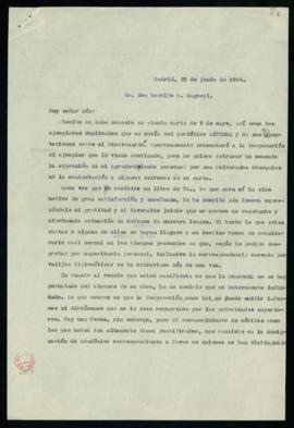Minuta de la carta de Julio Casares a Rodolfo M. Ragucci en la que acusa recibo de su carta y dos...