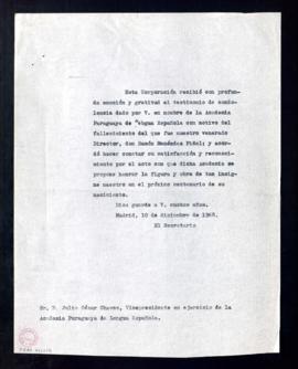 Copia sin firma del oficio del secretario a Julio César Chaves, vicepresidente de la Academia Par...