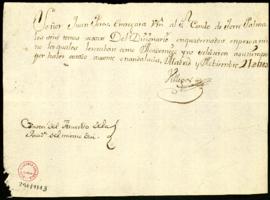Orden de Manuel de Villegas a Juan Pérez para que entregue al conde de Torrepalma seis sextos tom...