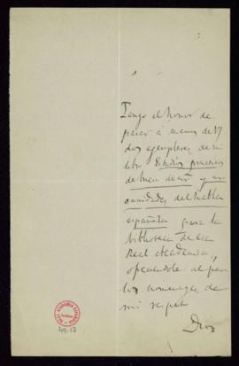 Carta de Adolfo de Castro al secretario [Manuel Tamayo y Baus] con la que envía dos ejemplares de...