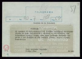 Telegrama de Alonso Zamora Vicente al cabildo de la Catedral de Santiago de Compostela de traslad...